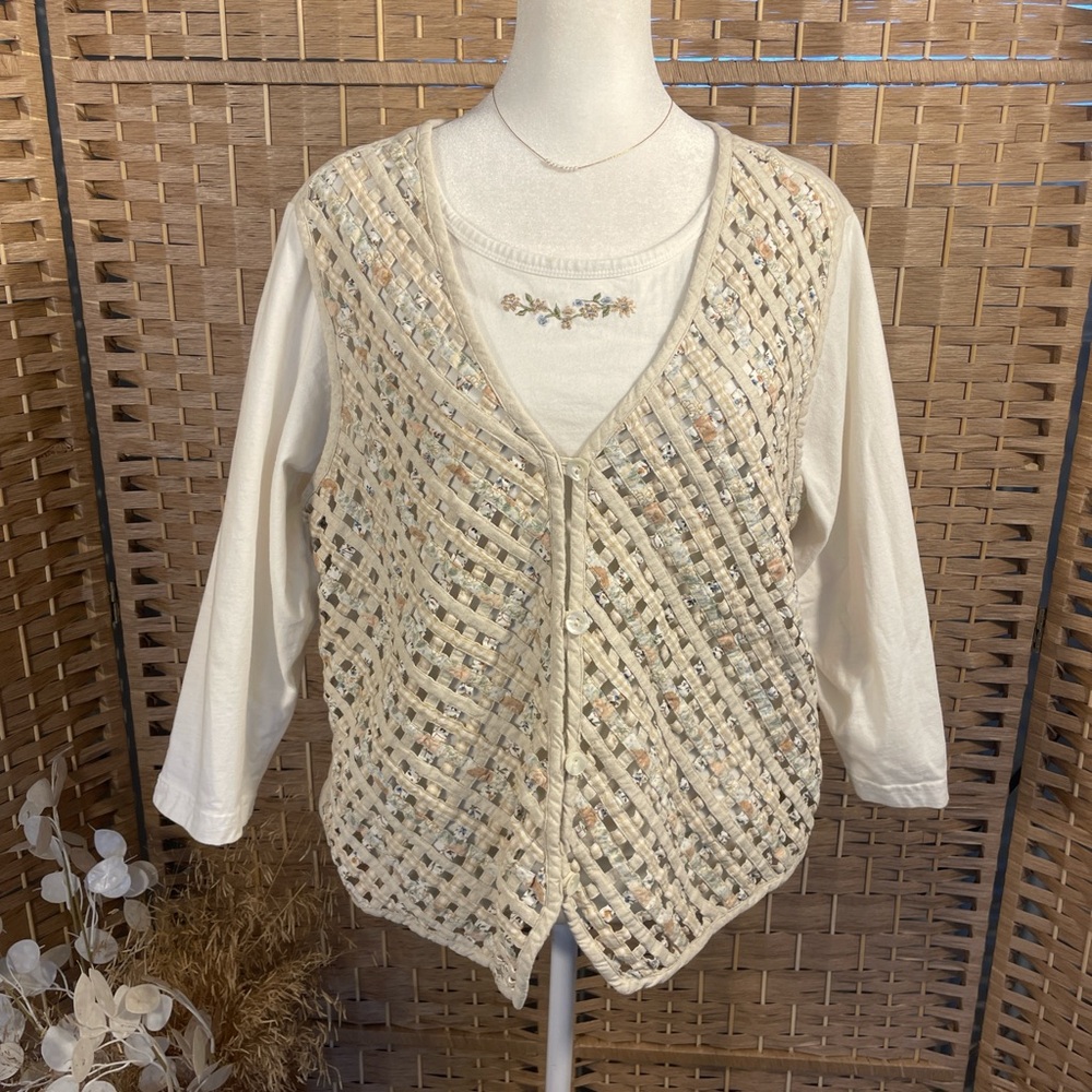 Vintage Cream Quilted Vest and Button Front Shirt Cottagecore Large